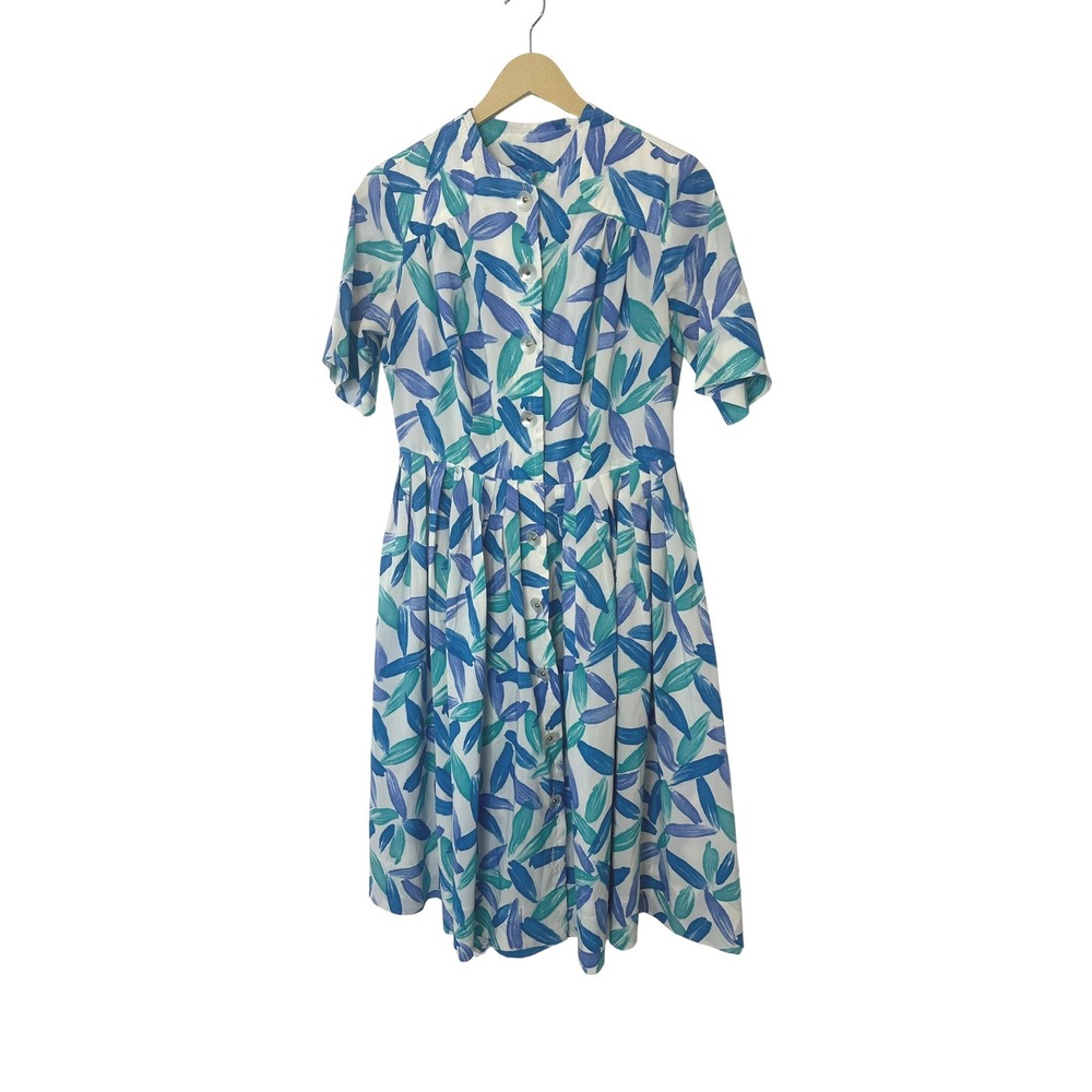 Vintage 80's Floral Shirt Dress Women 6 Blue Teal Leaf Print Vintage Knee Length